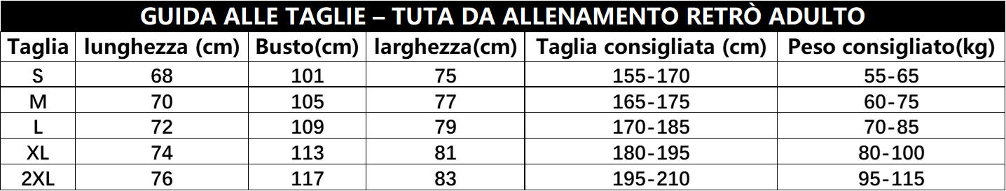 Taglia maglia sportiva retrò adulto
