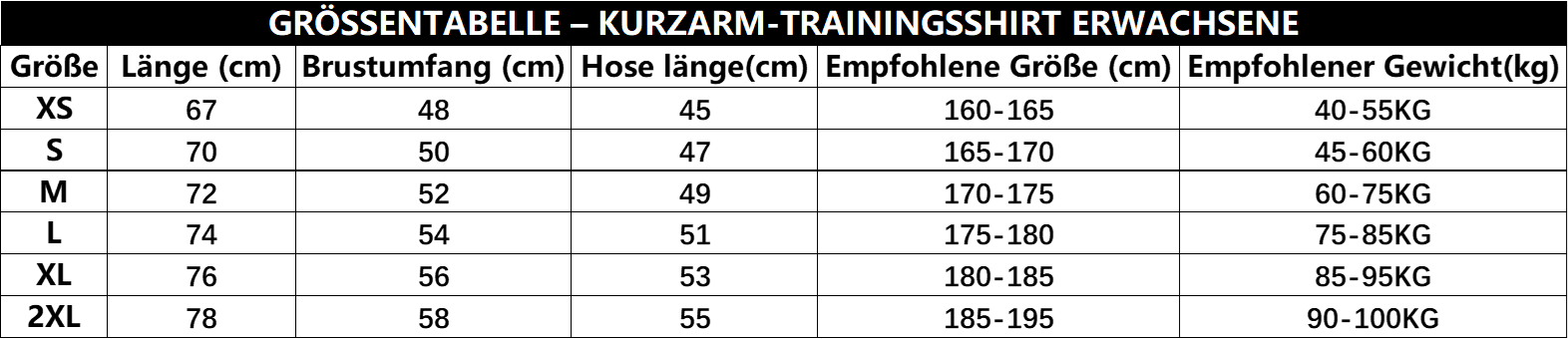 Größentabelle Erwachsene Kurzarm Trainingsset