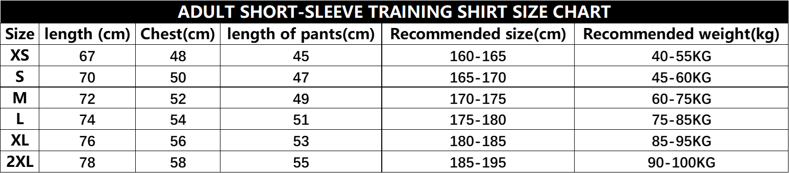 Adult Short Sleeve Training Kit Size Chart