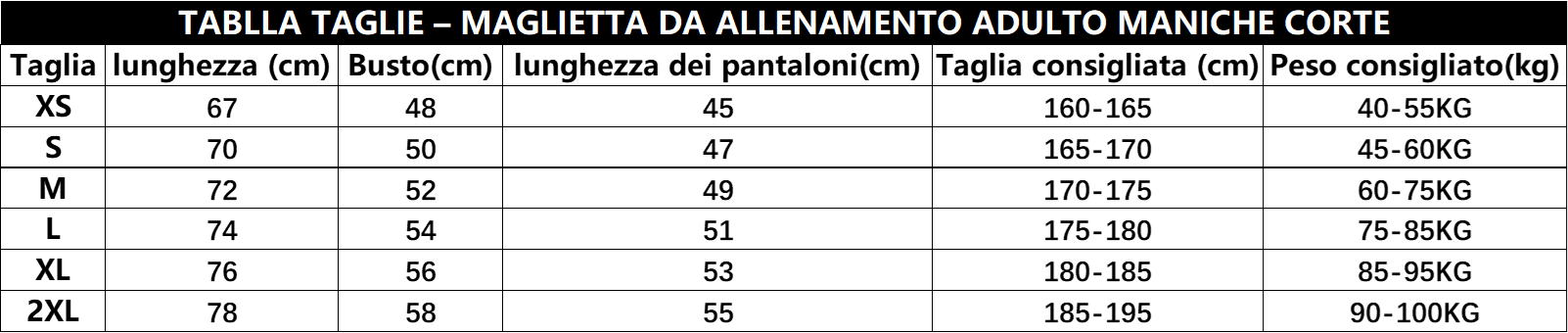 Guida taglie completo allenamento adulto manica corta