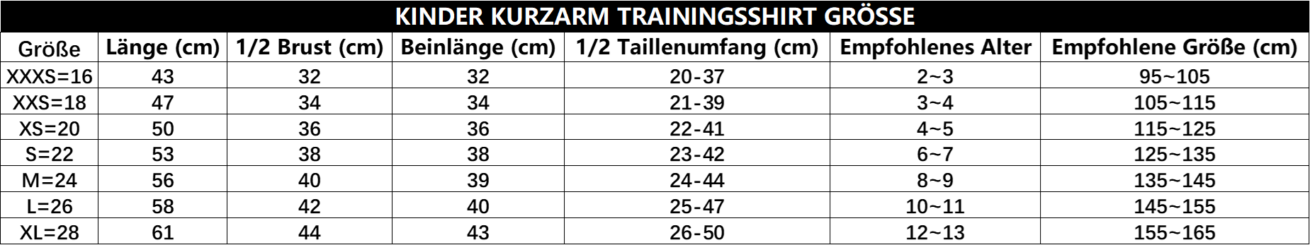 Größentabelle Kinder Kurzarm Trainingsset