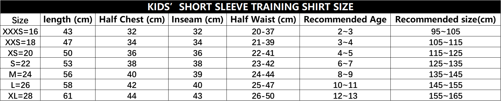 Kids Short Sleeve Training Kit Size Chart