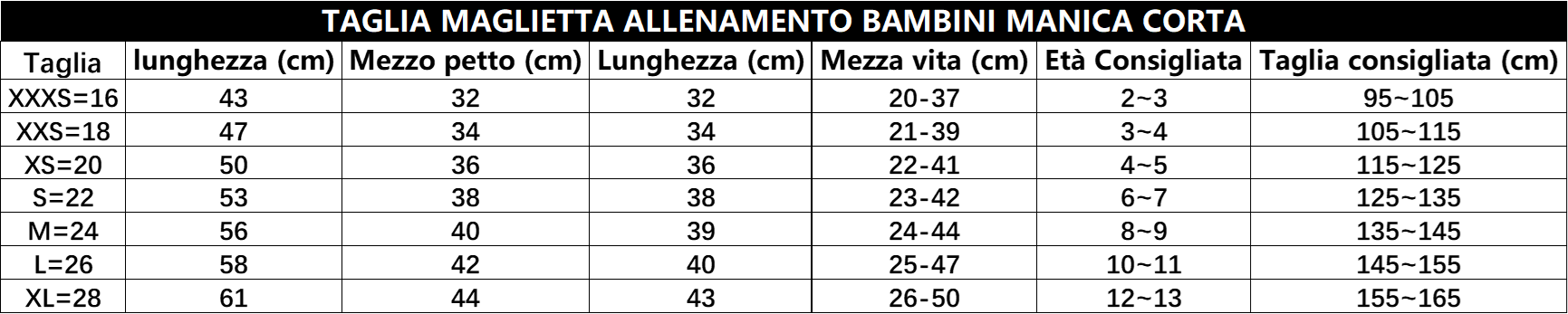 Guida taglie completo allenamento bambino manica corta