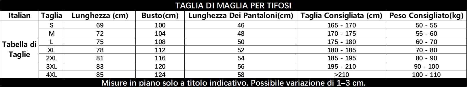 guida taglie maglia