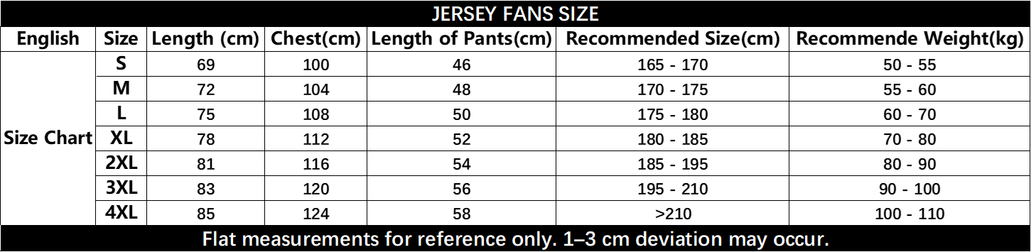 fan version jersey size chart