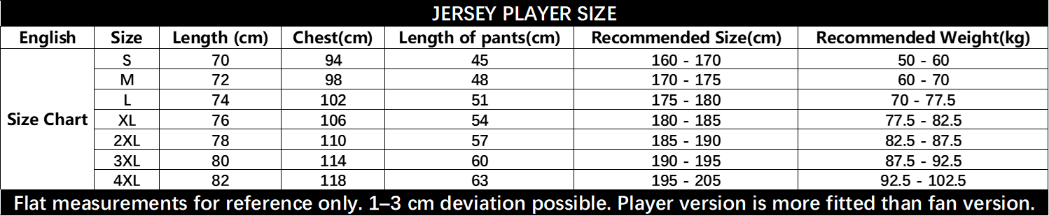 player version jersey size chart